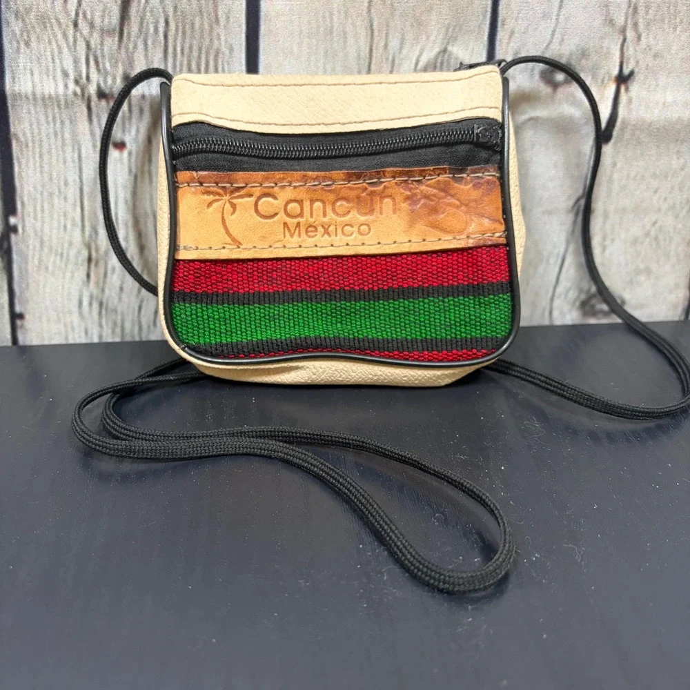 Cancun Mexico Souvenir Crossbody Bag Small Woven Striped Leather Neck Pouch 0110